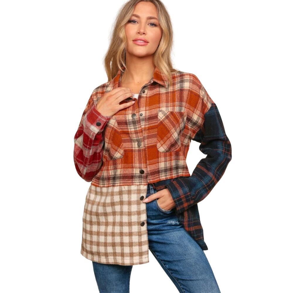 Flannel Loose Fit Color Block Snap Button Down Pl… - image 6